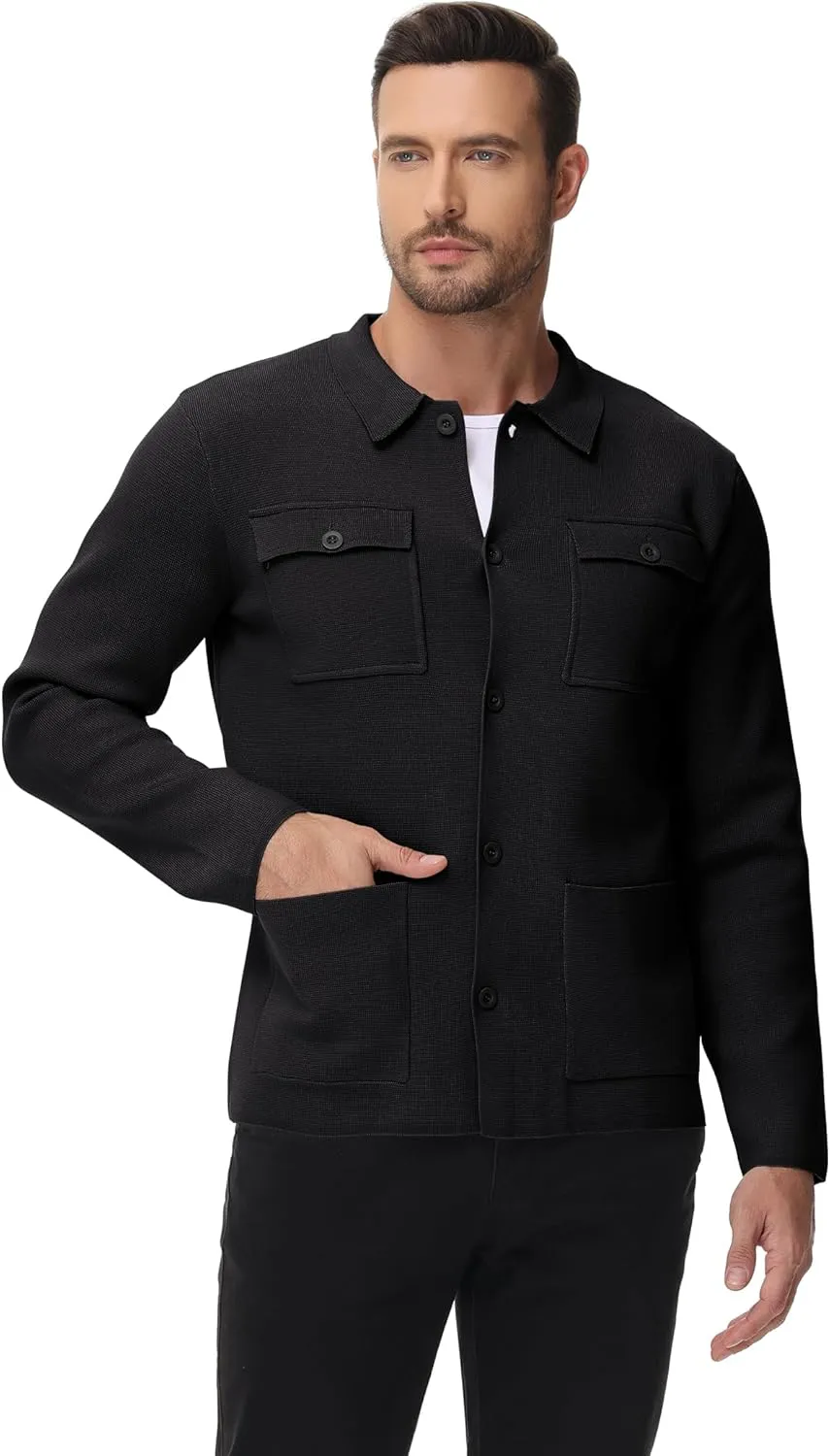 Men's Cardigan Sweater Casual Chunky Knit Multi-Pocket Lapel Collar Button Down Long Sleeve Sweater Fall Winter 2024