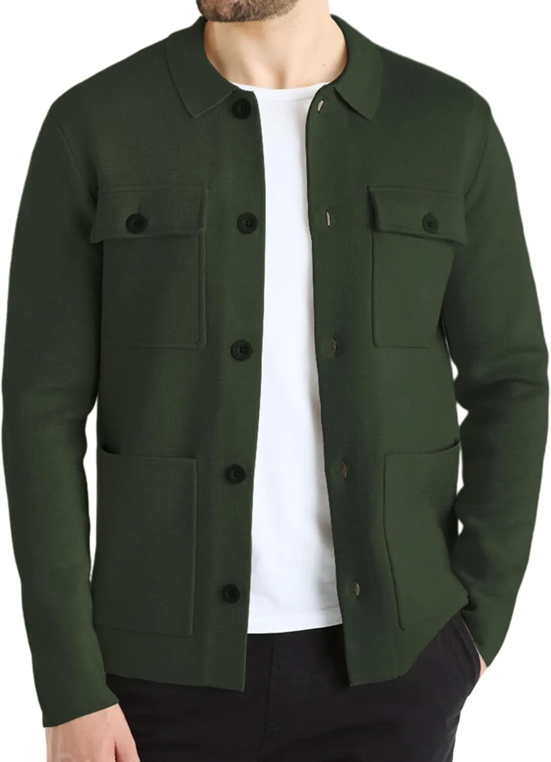 Men's Cardigan Sweater Casual Chunky Knit Multi-Pocket Lapel Collar Button Down Long Sleeve Sweater Fall Winter 2024