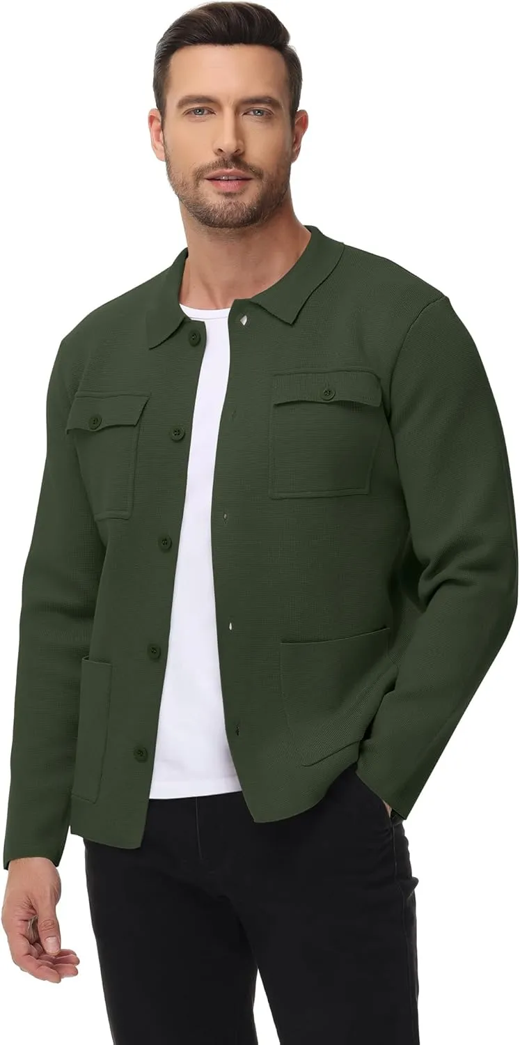 Men's Cardigan Sweater Casual Chunky Knit Multi-Pocket Lapel Collar Button Down Long Sleeve Sweater Fall Winter 2024