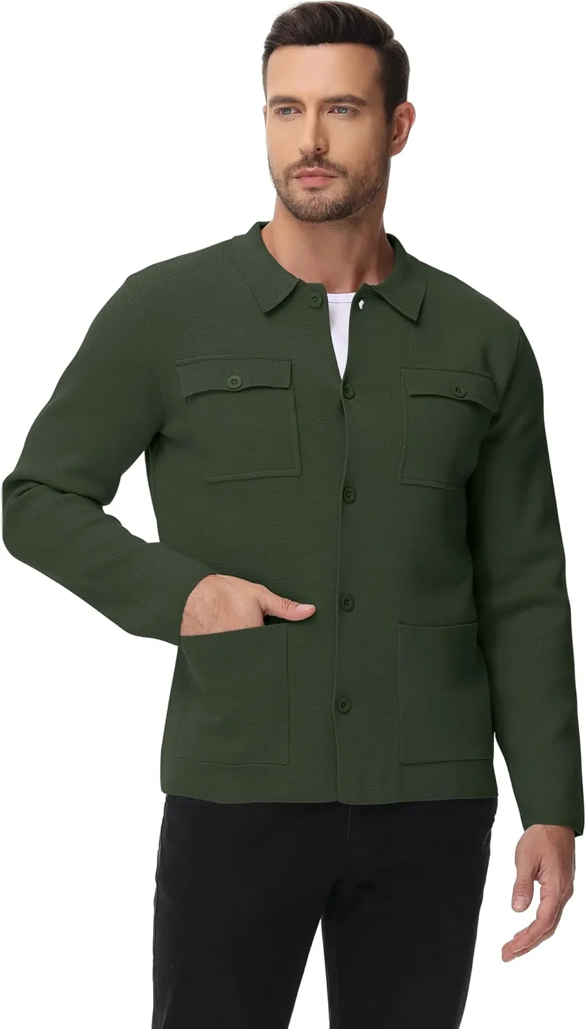 Men's Cardigan Sweater Casual Chunky Knit Multi-Pocket Lapel Collar Button Down Long Sleeve Sweater Fall Winter 2024