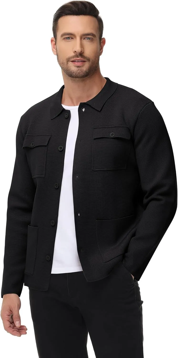 Men's Cardigan Sweater Casual Chunky Knit Multi-Pocket Lapel Collar Button Down Long Sleeve Sweater Fall Winter 2024