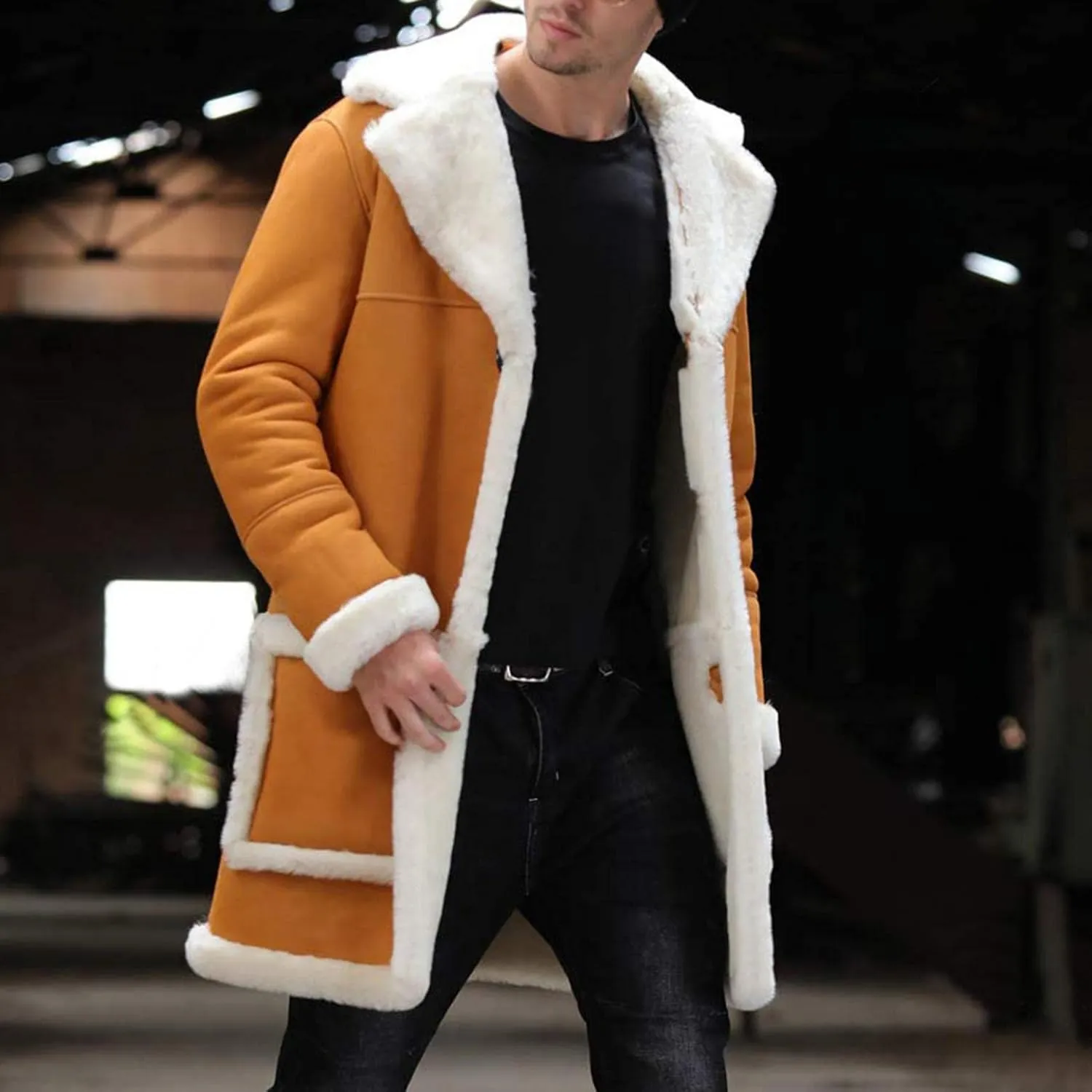 Mens Casual Sherpa Fleece Lined Jackets Winter Warm Fur Collar Long Trench Coats Big and Tall Outwears with Pockets