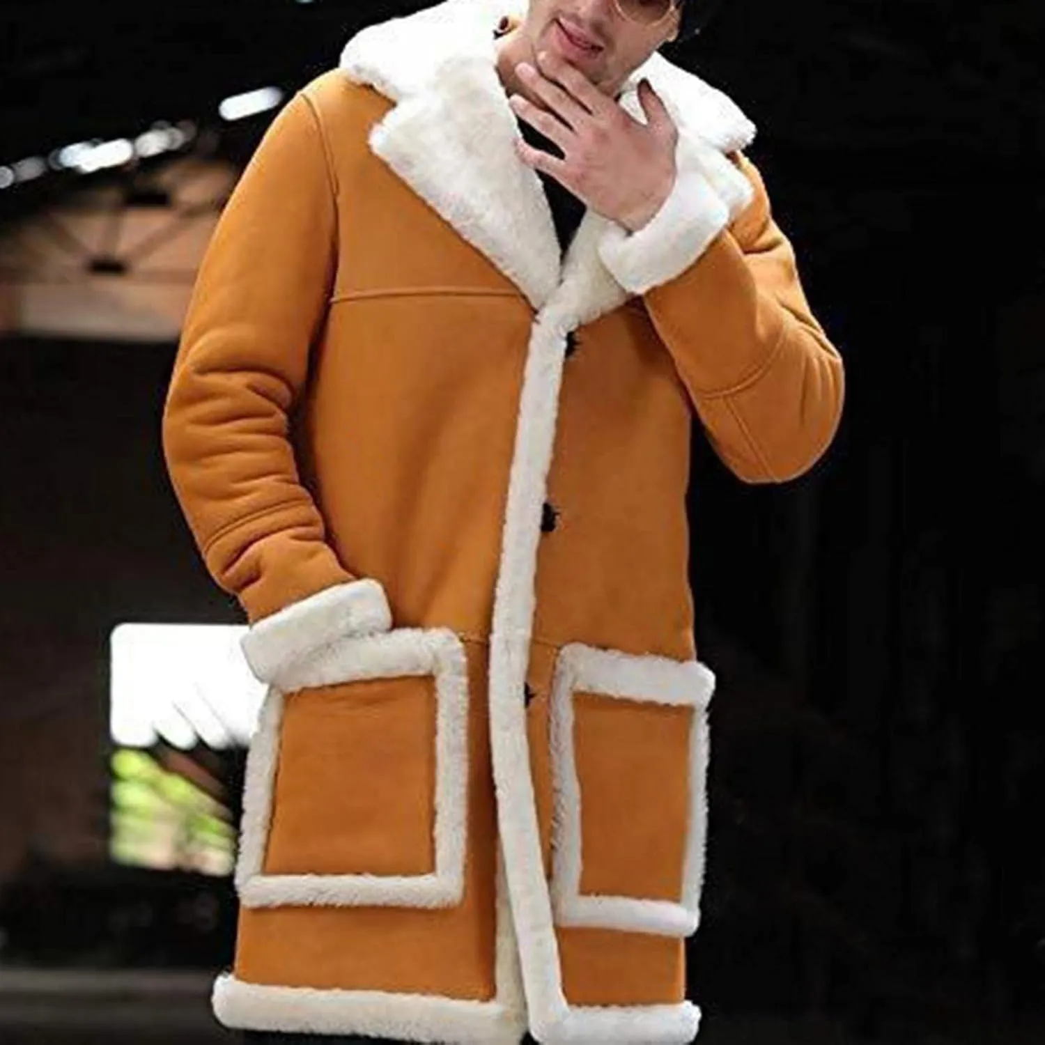 Mens Casual Sherpa Fleece Lined Jackets Winter Warm Fur Collar Long Trench Coats Big and Tall Outwears with Pockets