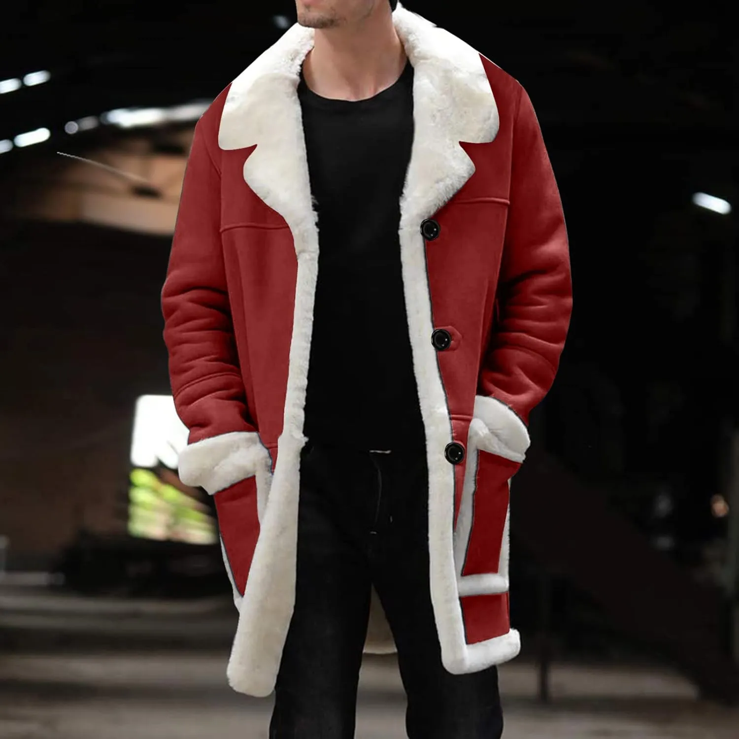 Mens Casual Sherpa Fleece Lined Jackets Winter Warm Fur Collar Long Trench Coats Big and Tall Outwears with Pockets