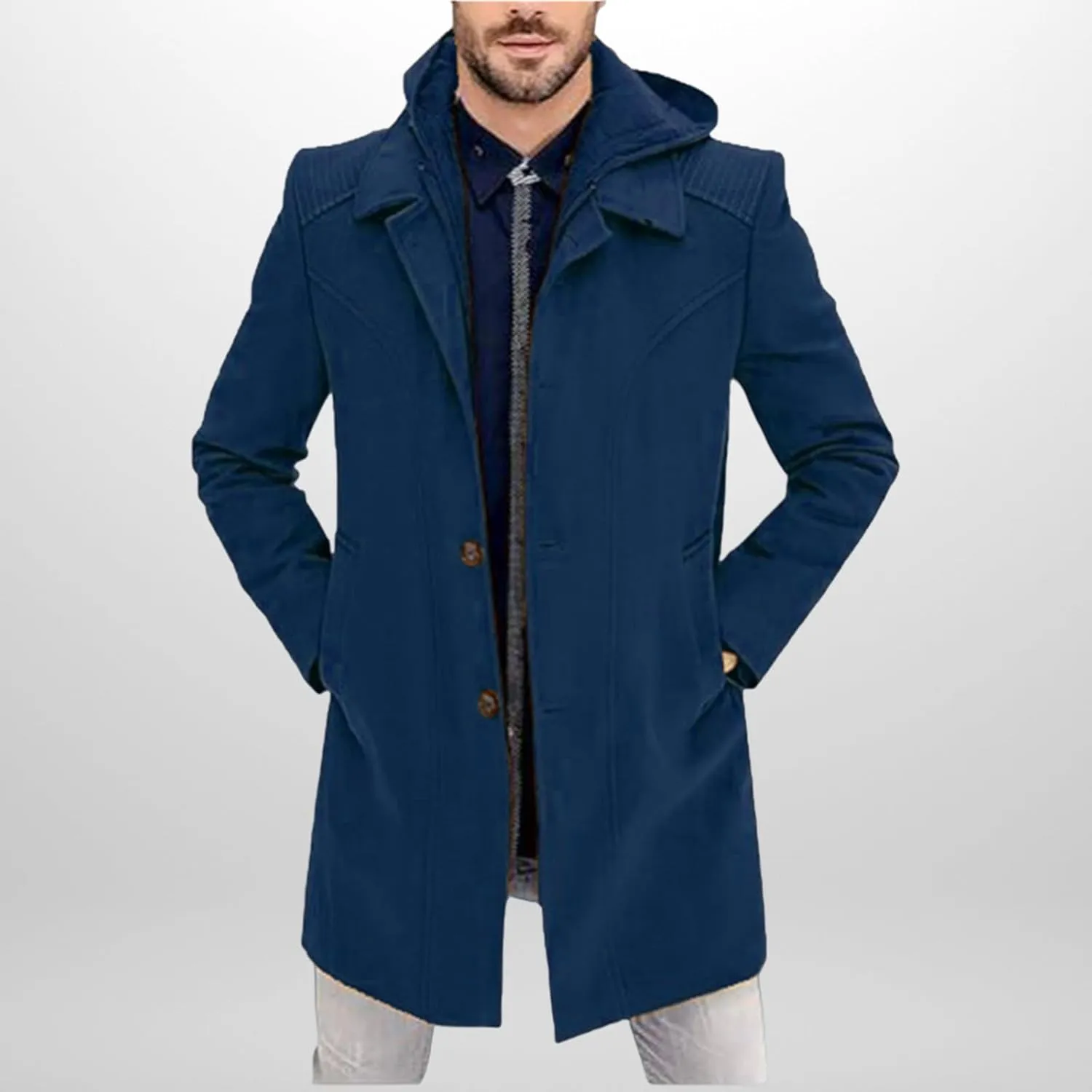 Men's Classic Pea Coat with Hood Wool Blend Trench Coat Windproof Business Overcoat with Warm Innner Layer