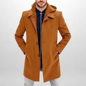 Men's Classic Pea Coat with Hood Wool Blend Trench Coat Windproof Business Overcoat with Warm Innner Layer