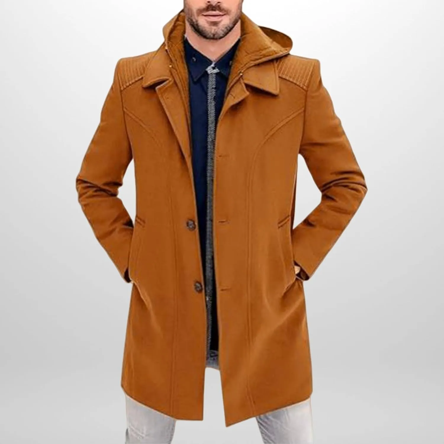 Men's Classic Pea Coat with Hood Wool Blend Trench Coat Windproof Business Overcoat with Warm Innner Layer