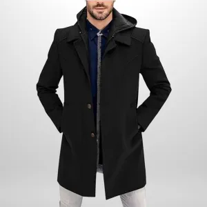 Men's Classic Pea Coat with Hood Wool Blend Trench Coat Windproof Business Overcoat with Warm Innner Layer