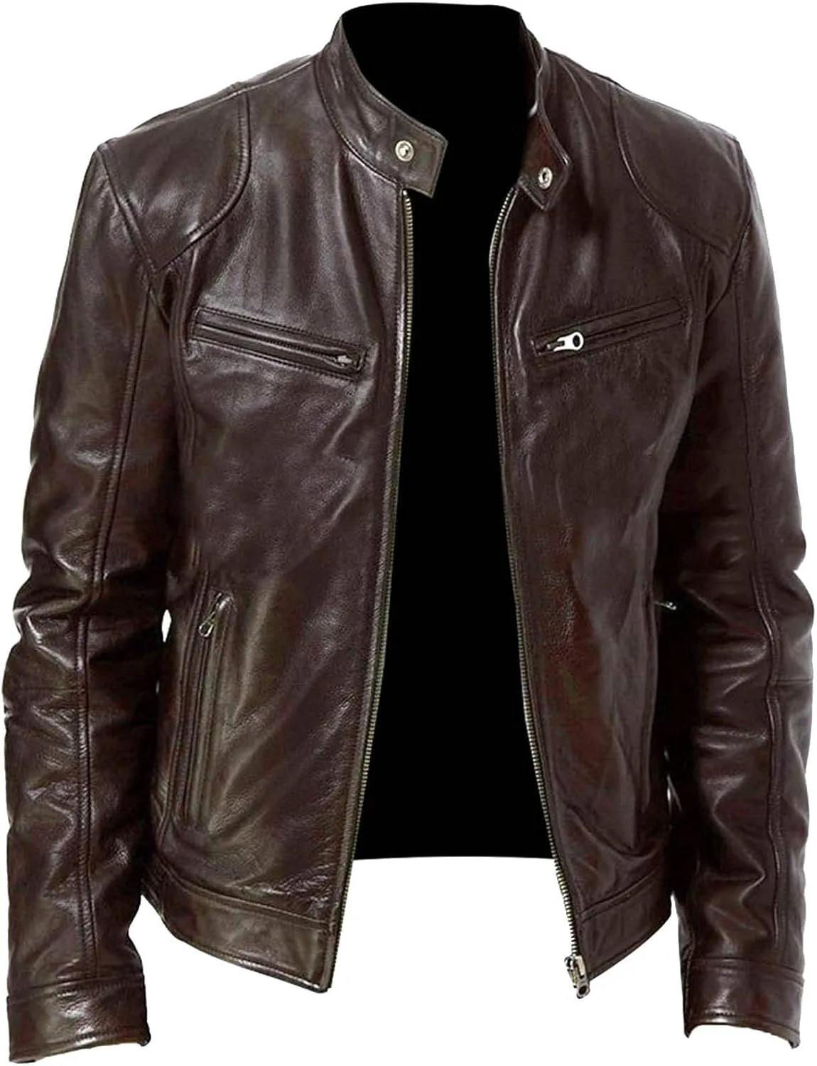 Men's Faux Leather Jacket Stand Collar Motorcycle Leather Jackets Casual Lightweight Zip Up Biker Coat