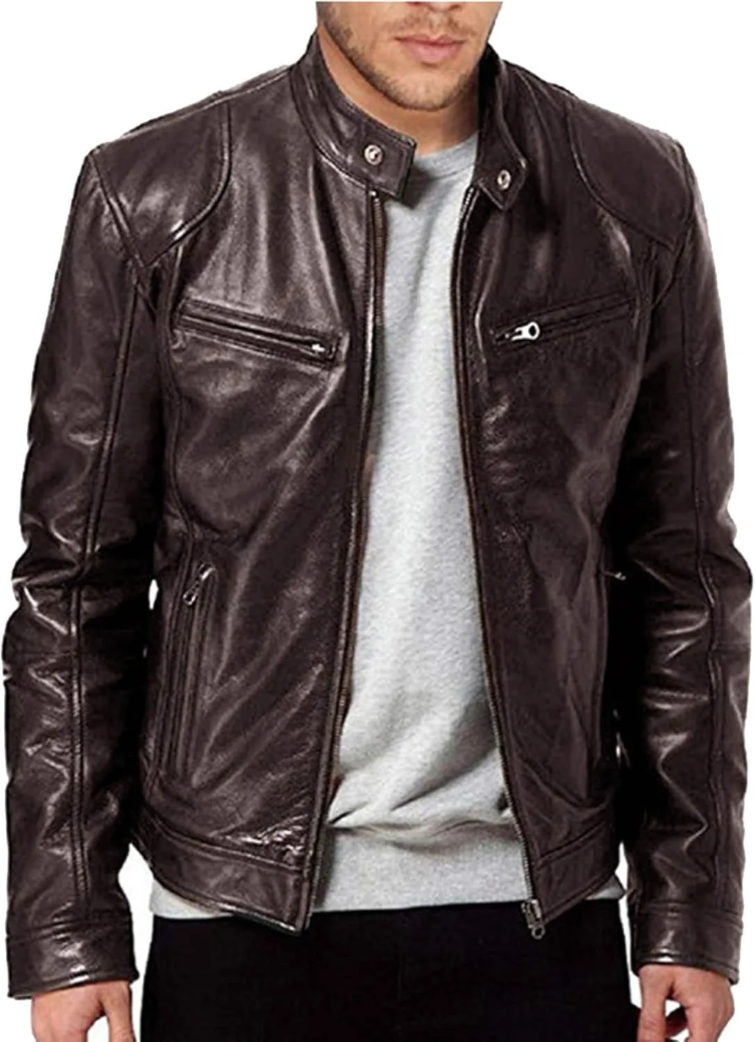 Men's Faux Leather Jacket Stand Collar Motorcycle Leather Jackets Casual Lightweight Zip Up Biker Coat