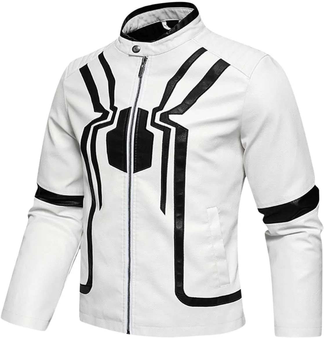 Mens Faux Leather Motorcycle Jacket Long Sleeve Spider Graphic Full Zip Jacket Biker Bomber Jacket with Pockets