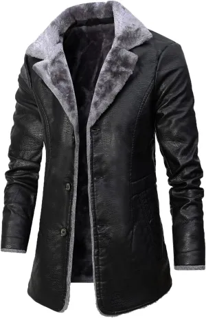 Men's Faux PU Leather Jacket Winter Warm Fleece Lined Sherpa Jackets Long Trench Coats Fur Collar Button Down Jacket