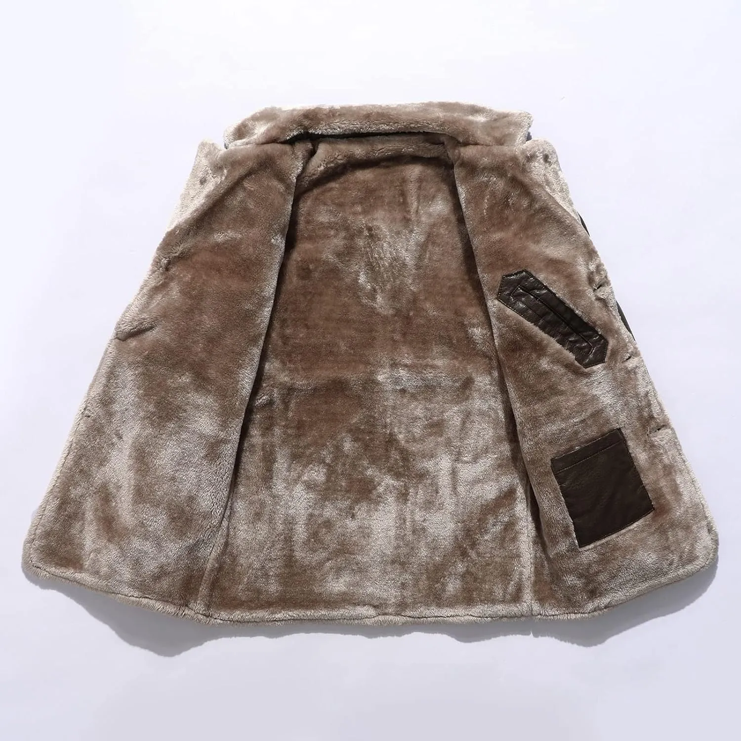 Men's Faux PU Leather Jacket Winter Warm Fleece Lined Sherpa Jackets Long Trench Coats Fur Collar Button Down Jacket