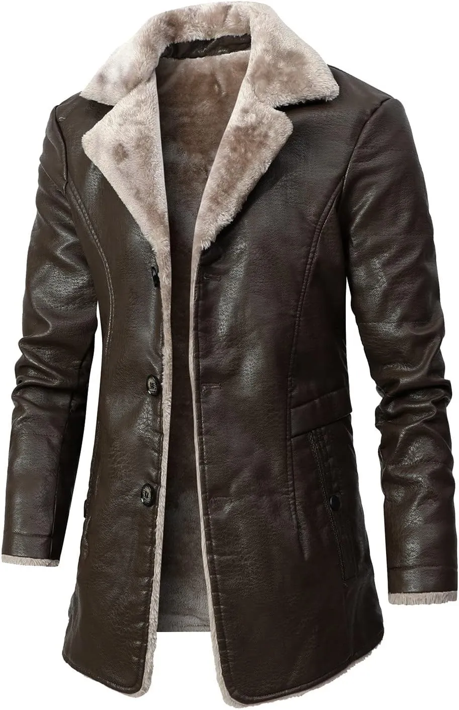 Men's Faux PU Leather Jacket Winter Warm Fleece Lined Sherpa Jackets Long Trench Coats Fur Collar Button Down Jacket