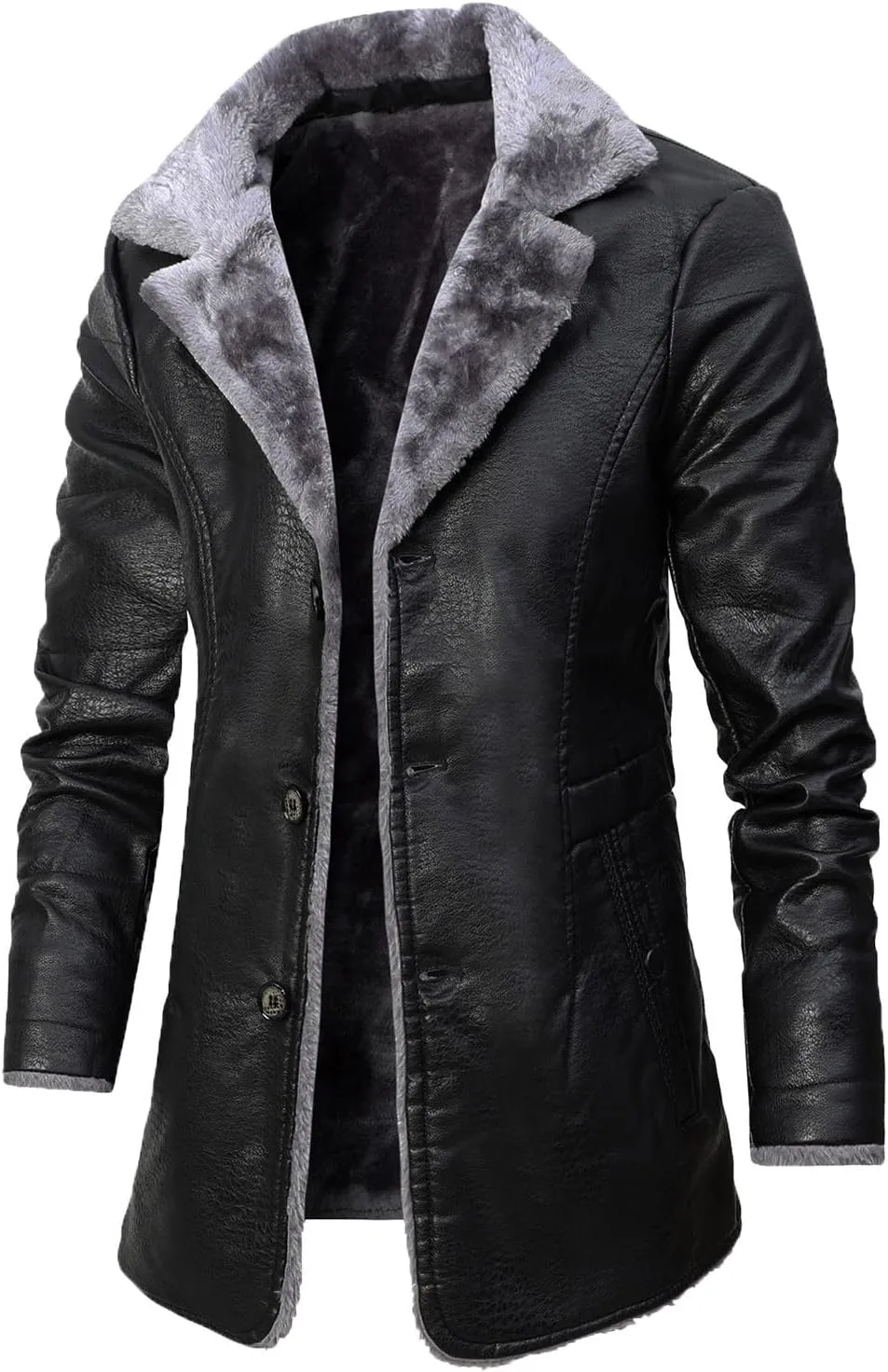 Men's Faux PU Leather Jacket Winter Warm Fleece Lined Sherpa Jackets Long Trench Coats Fur Collar Button Down Jacket