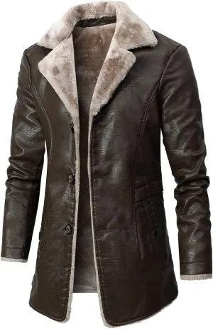 Men's Faux PU Leather Jacket Winter Warm Fleece Lined Sherpa Jackets Long Trench Coats Fur Collar Button Down Jacket