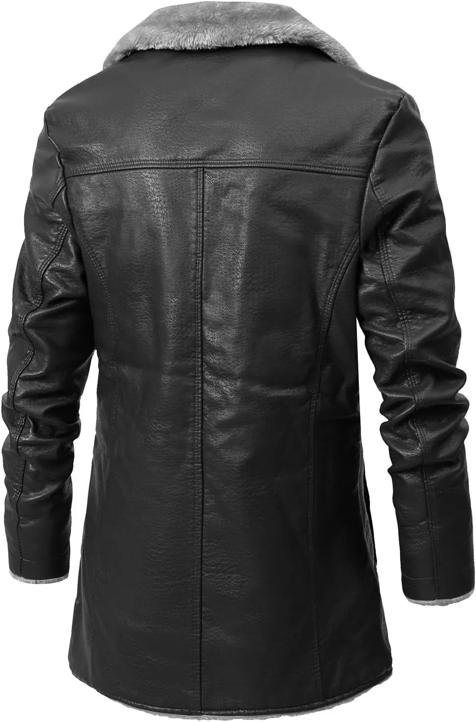 Men's Faux PU Leather Jacket Winter Warm Fleece Lined Sherpa Jackets Long Trench Coats Fur Collar Button Down Jacket