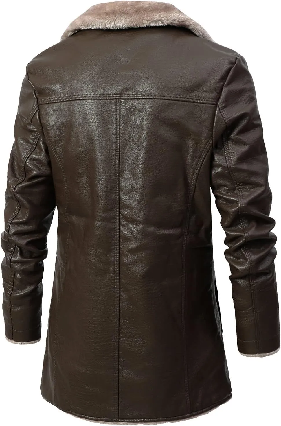 Men's Faux PU Leather Jacket Winter Warm Fleece Lined Sherpa Jackets Long Trench Coats Fur Collar Button Down Jacket