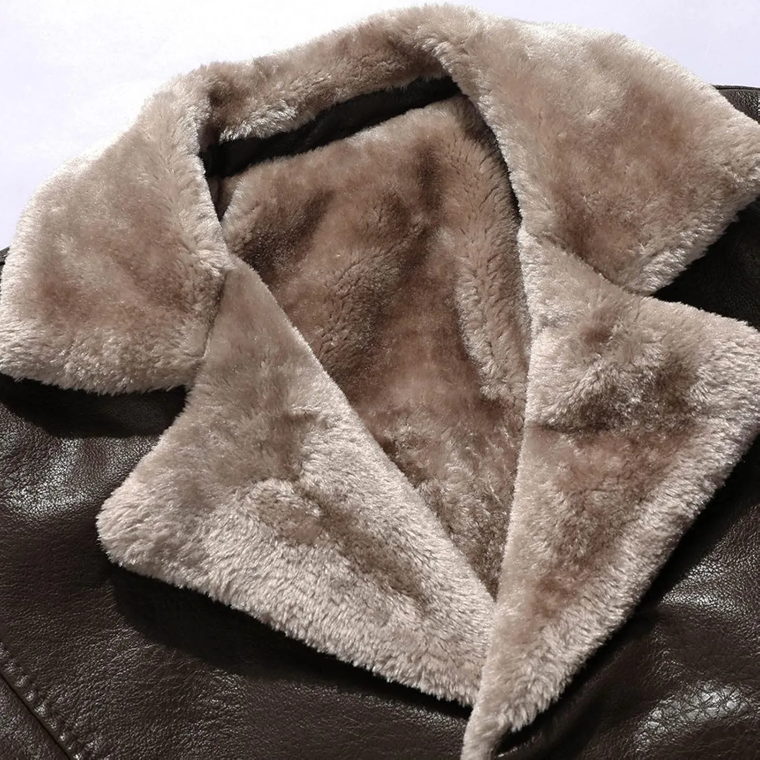 Men's Faux PU Leather Jacket Winter Warm Fleece Lined Sherpa Jackets Long Trench Coats Fur Collar Button Down Jacket