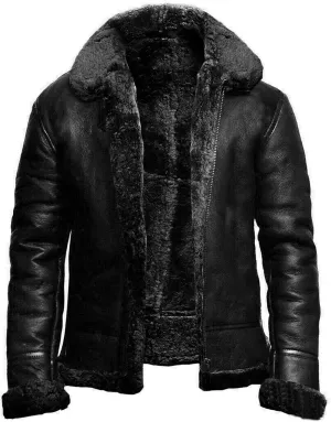 Mens Leather Bomber Jacket B3 Shearling Aviator Flying Jacket Sheepskin Winter Coat Vintage Trucker Cardigan Jacket