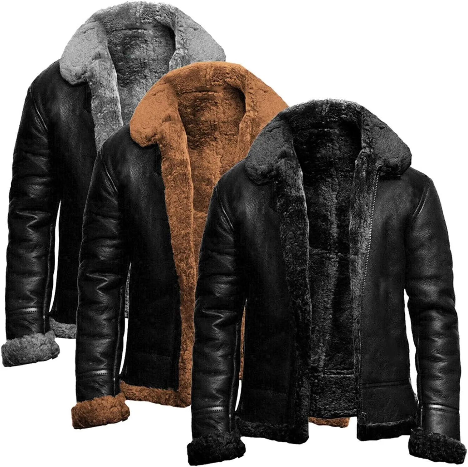 Mens Leather Bomber Jacket B3 Shearling Aviator Flying Jacket Sheepskin Winter Coat Vintage Trucker Cardigan Jacket