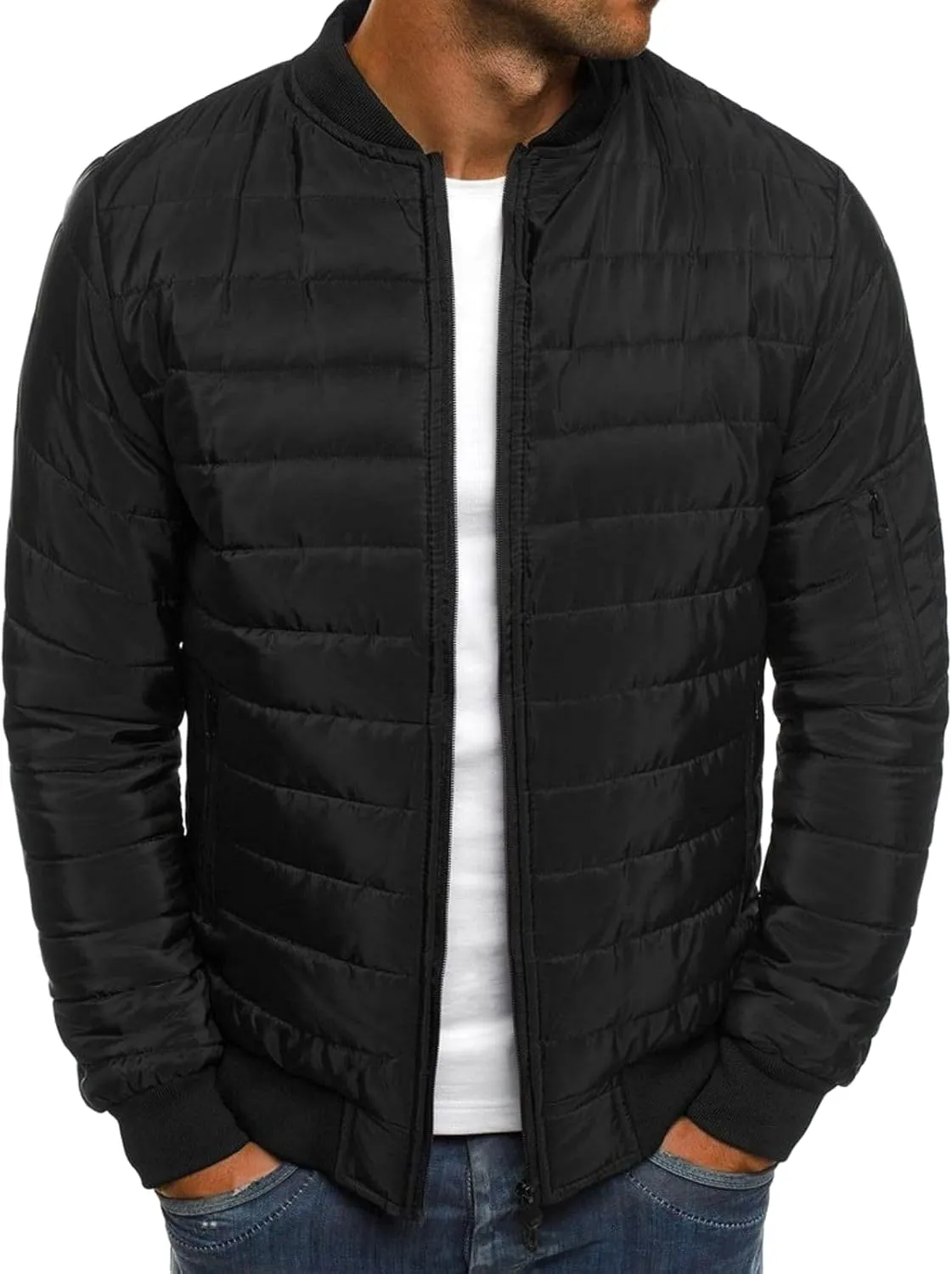 Men's Lightweight Jacket Arm Zipper Jacket with Pocket Winter Warm Plaid Cotton-Padded Coats Windproof Outdoor