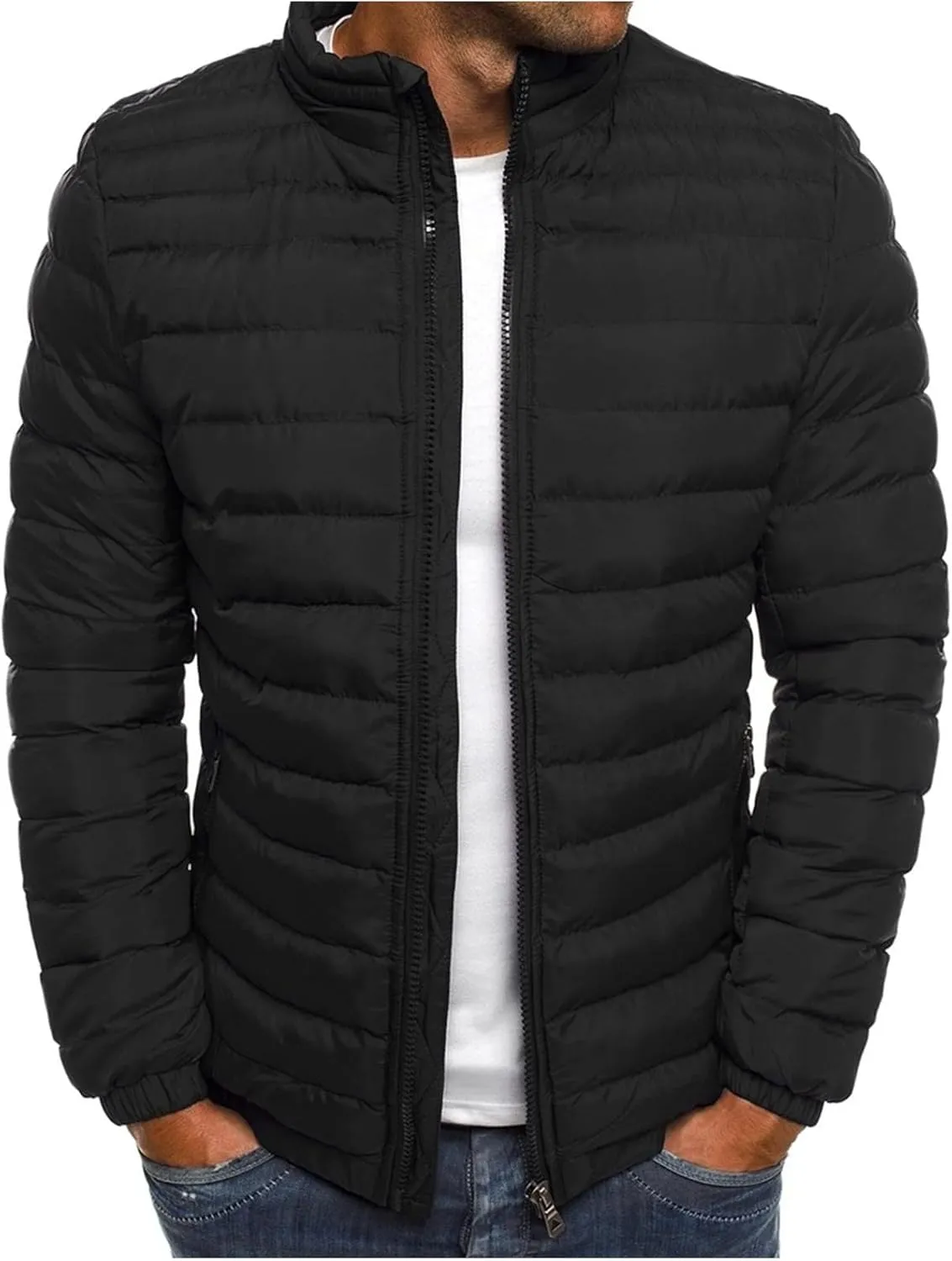 Men's Lightweight Puffer Jacket Full Zip Down Jacket Stand Collar Quilted Coat Packable Insulated Jacket Winter Coats
