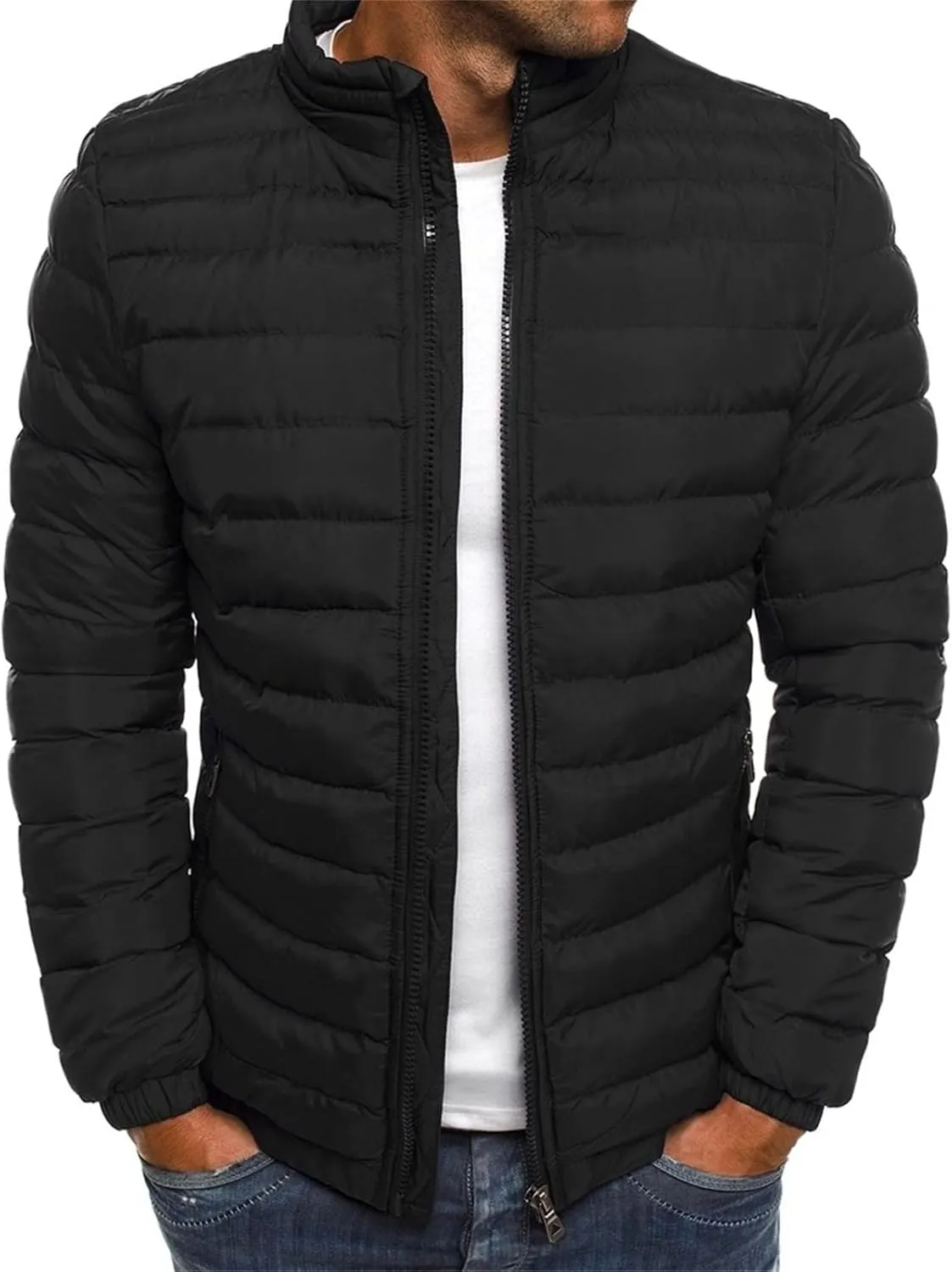 Men's Lightweight Puffer Jacket Full Zip Down Jacket Stand Collar Quilted Coat Packable Insulated Jacket Winter Coats