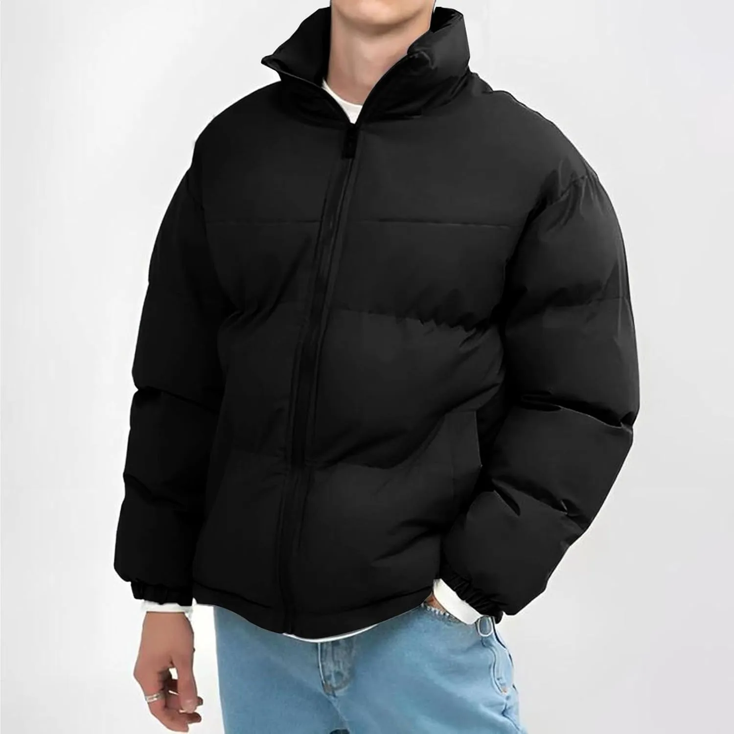 Men's Lightweight Puffer Jackets Fashion Casual Sports Collar Padded Coat Warm Solid Color Cotton-Padded Jacket