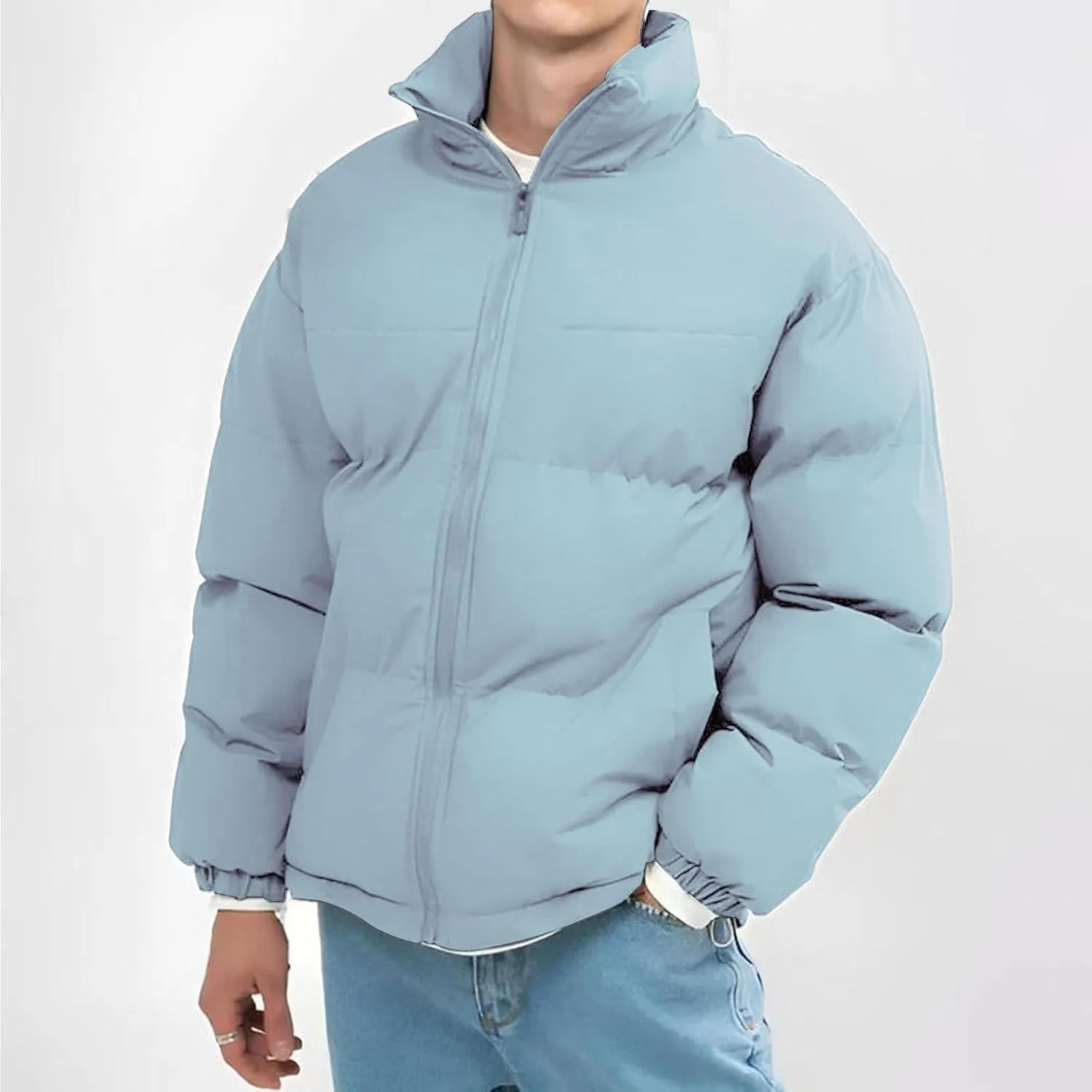 Men's Lightweight Puffer Jackets Fashion Casual Sports Collar Padded Coat Warm Solid Color Cotton-Padded Jacket