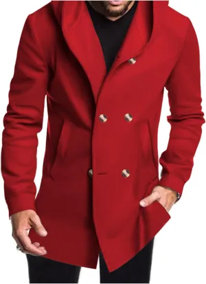 Mens Mid Long Trench Coat with Hood Winter Double Breasted Pea Coat Warm Lapel Work Business Jacket Windproof Overcoat