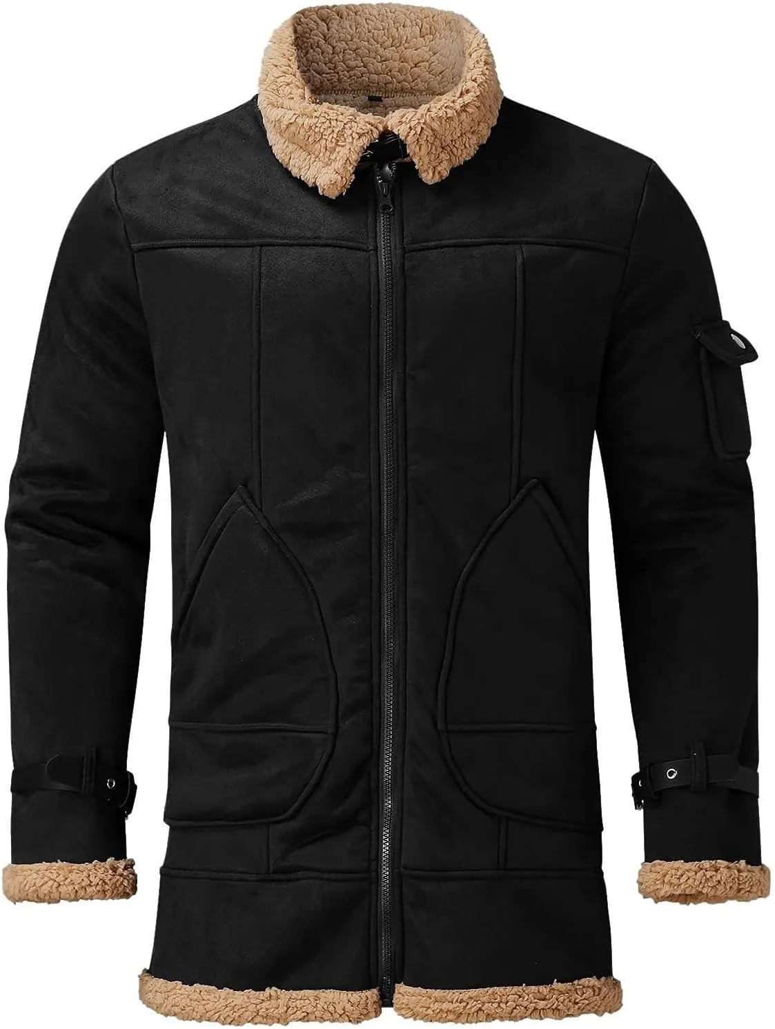 Mens Sherpa Lined Leather Jacket Suede Sherpa Shearling Faux Fur Coat with Sheepskin Winter Lamb Wool Bomber Coat
