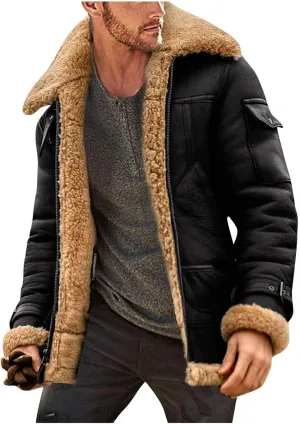 Mens Sherpa Lined Leather Jacket Suede Sherpa Shearling Faux Fur Coat with Sheepskin Winter Lamb Wool Bomber Coat