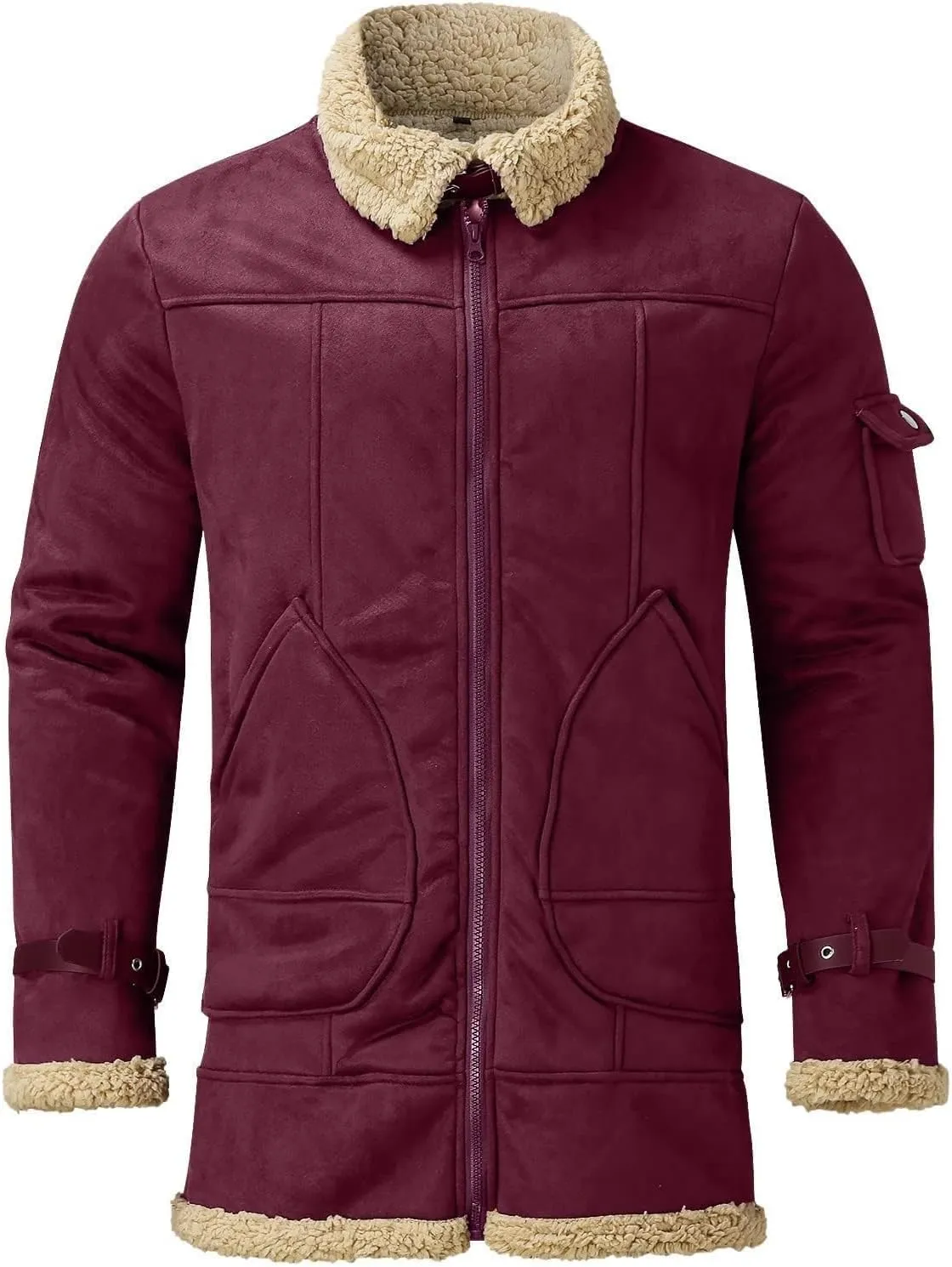 Mens Sherpa Lined Leather Jacket Suede Sherpa Shearling Faux Fur Coat with Sheepskin Winter Lamb Wool Bomber Coat