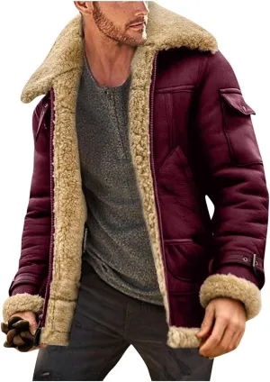 Mens Sherpa Lined Leather Jacket Suede Sherpa Shearling Faux Fur Coat with Sheepskin Winter Lamb Wool Bomber Coat
