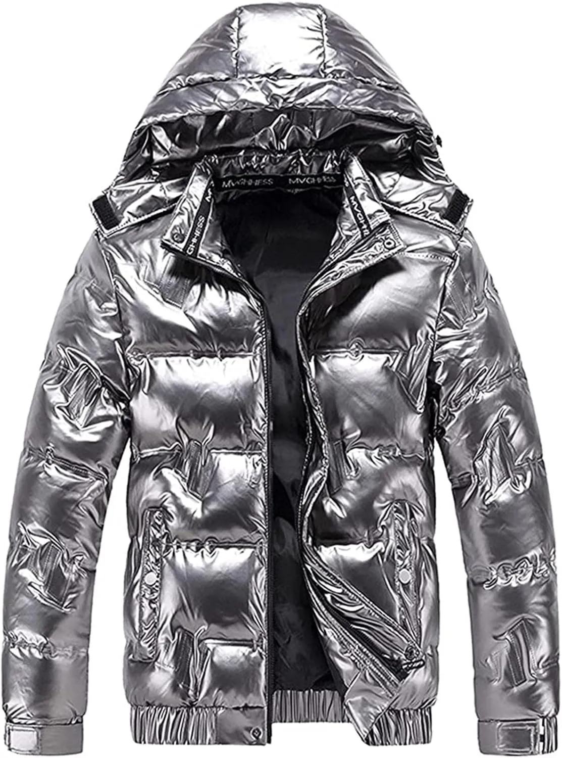 Mens Shiny Puffer Jacket Hooded Down Quilted Insulated Jacket Zip up Padded Coat Glossy Winter Coat Warm Outwear