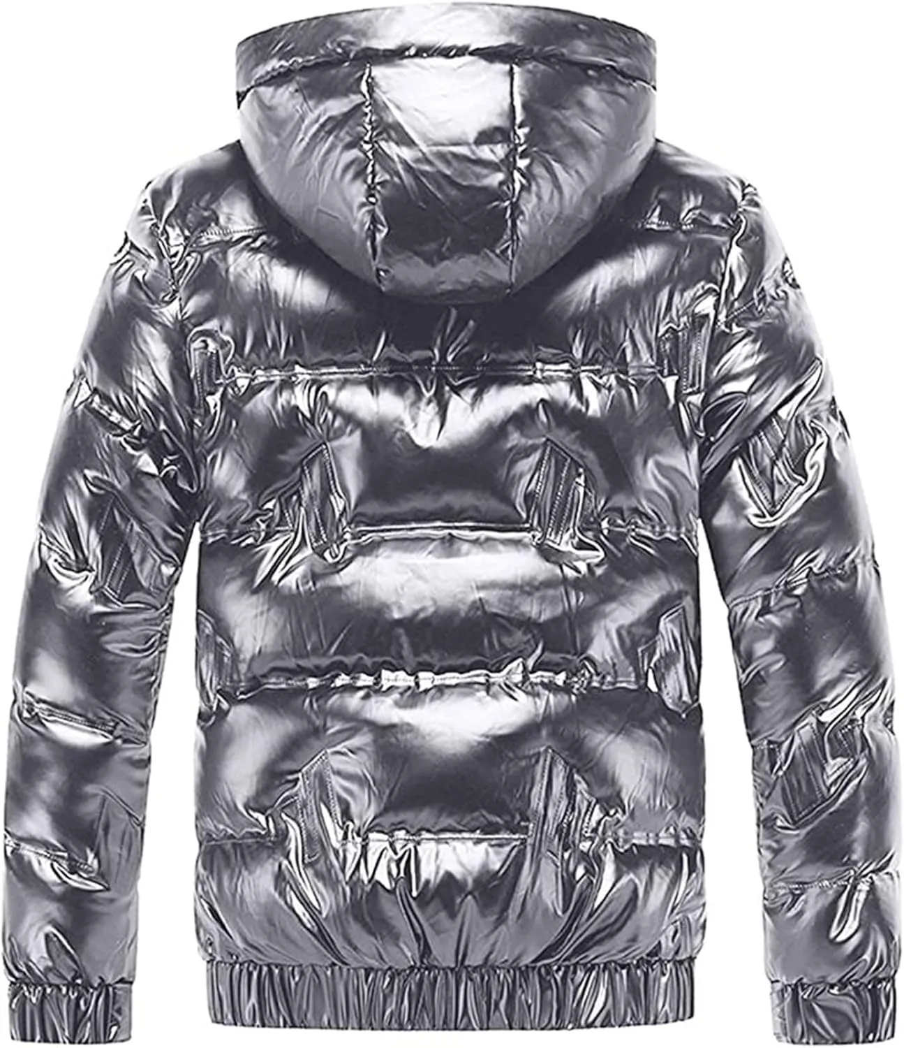 Mens Shiny Puffer Jacket Hooded Down Quilted Insulated Jacket Zip up Padded Coat Glossy Winter Coat Warm Outwear