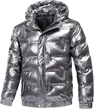 Mens Shiny Puffer Jacket Hooded Down Quilted Insulated Jacket Zip up Padded Coat Glossy Winter Coat Warm Outwear