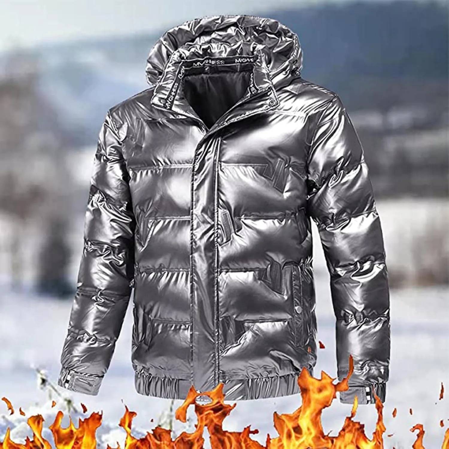 Mens Shiny Puffer Jacket Hooded Down Quilted Insulated Jacket Zip up Padded Coat Glossy Winter Coat Warm Outwear