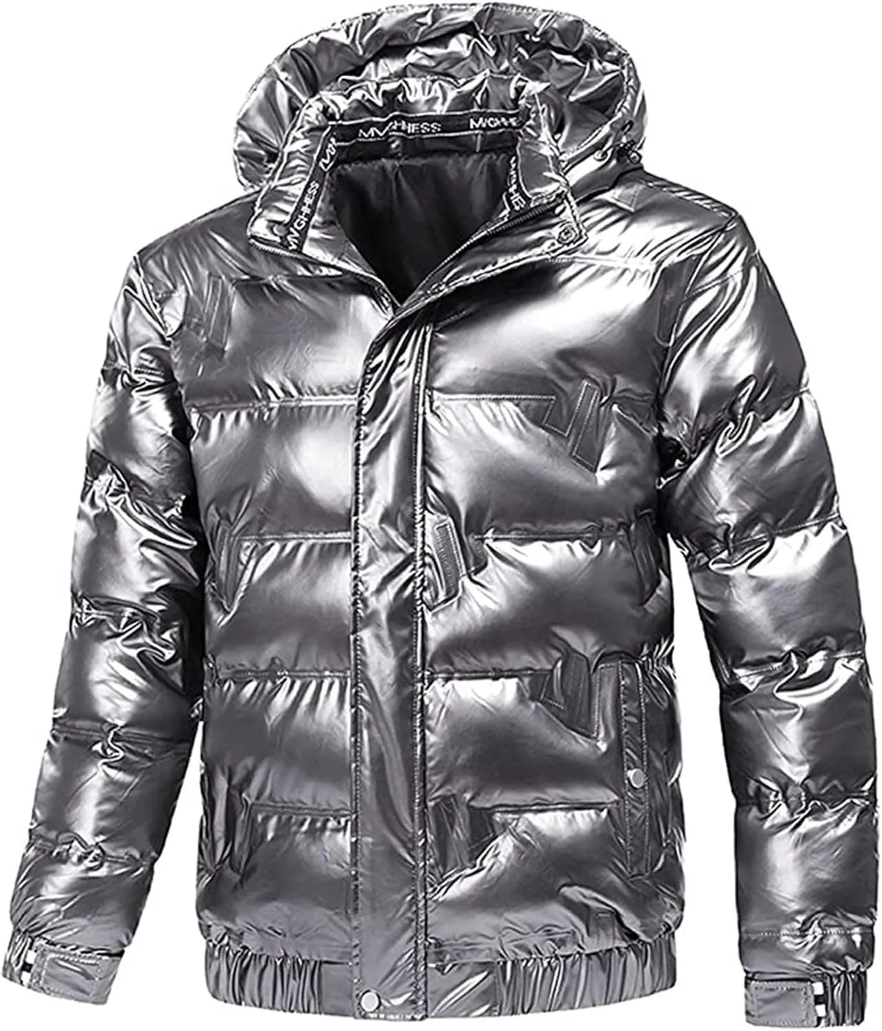 Mens Shiny Puffer Jacket Hooded Down Quilted Insulated Jacket Zip up Padded Coat Glossy Winter Coat Warm Outwear