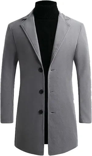 Mens Trench Coats Mid Long Single Breasted Pea Coat Casual Winter Business Casual Slim Fit Wool Jacket Warm Overcoat