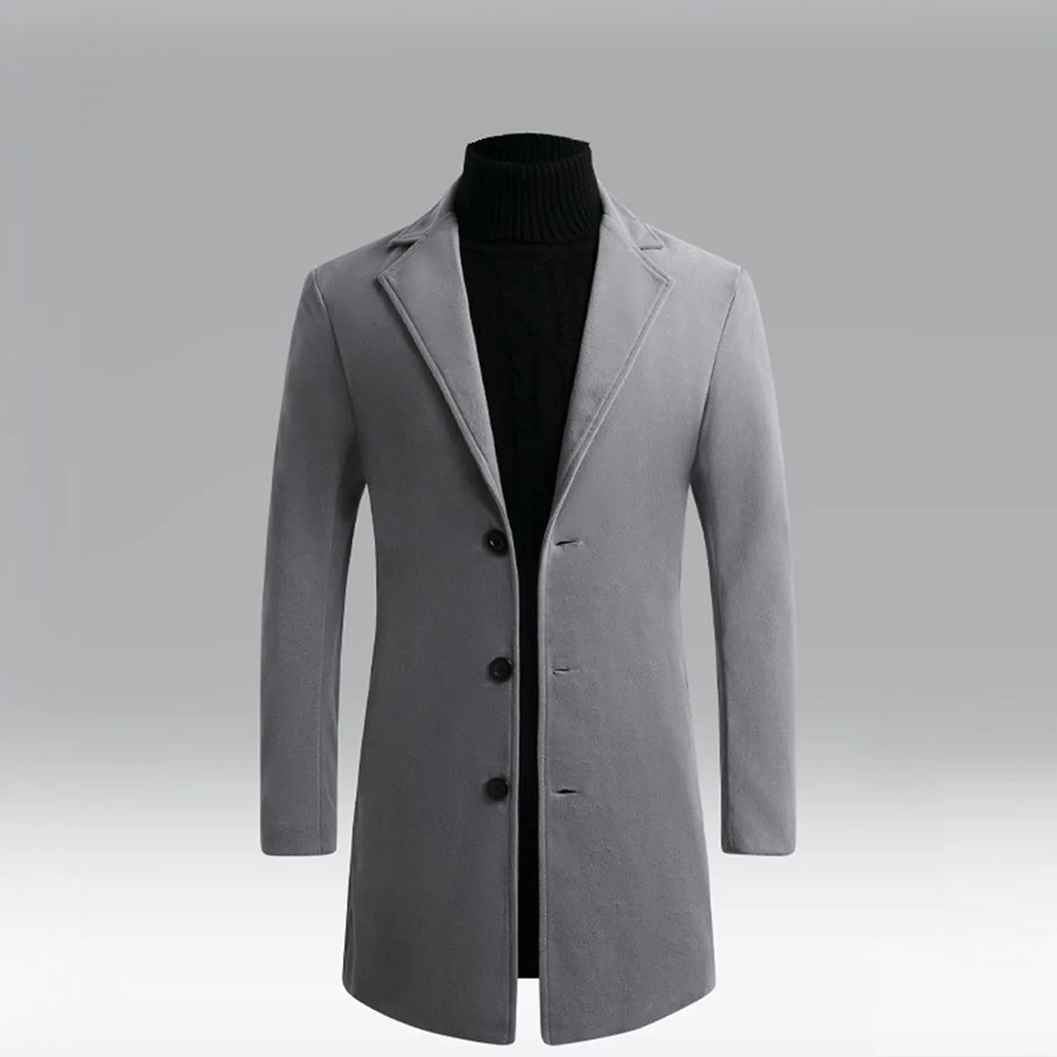 Mens Trench Coats Mid Long Single Breasted Pea Coat Casual Winter Business Casual Slim Fit Wool Jacket Warm Overcoat