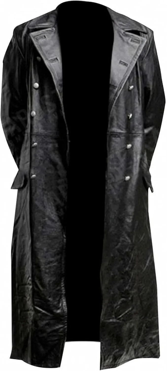 Mens Vintage Classic WW2 Officer Military Uniform Black Leather Trench Coat Jacket Long Trench Coat Motorcycle Jakcet