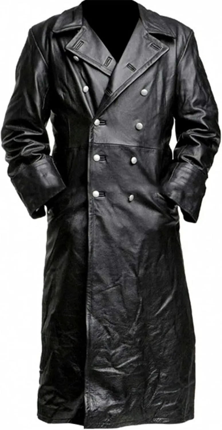 Mens Vintage Classic WW2 Officer Military Uniform Black Leather Trench Coat Jacket Long Trench Coat Motorcycle Jakcet