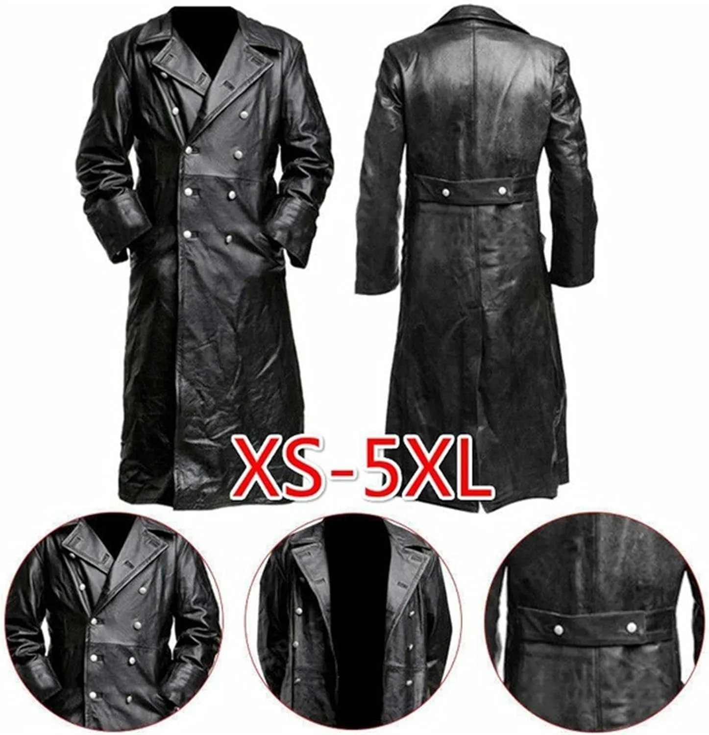 Mens Vintage Classic WW2 Officer Military Uniform Black Leather Trench Coat Jacket Long Trench Coat Motorcycle Jakcet