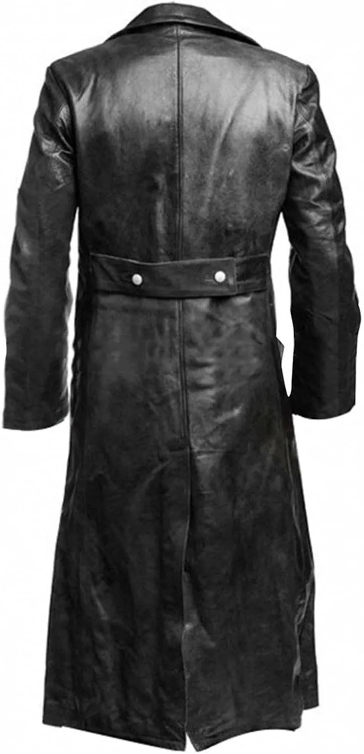 Mens Vintage Classic WW2 Officer Military Uniform Black Leather Trench Coat Jacket Long Trench Coat Motorcycle Jakcet
