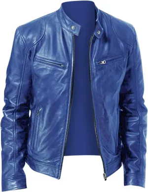 Mens Vintage Leather Casual Jackets Full Zipper Stand Collar Flight Faux Leather Coats Motorcycle Biker Outerwear