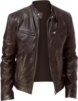 Mens Vintage Leather Casual Jackets Full Zipper Stand Collar Flight Faux Leather Coats Motorcycle Biker Outerwear