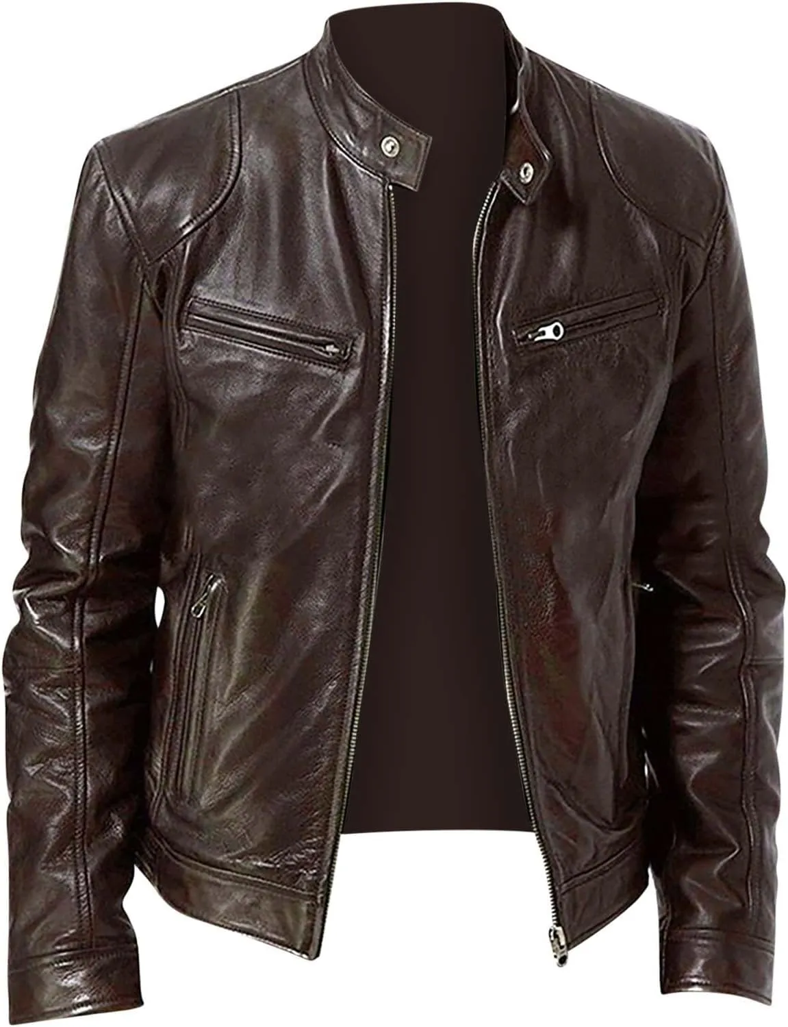 Mens Vintage Leather Casual Jackets Full Zipper Stand Collar Flight Faux Leather Coats Motorcycle Biker Outerwear