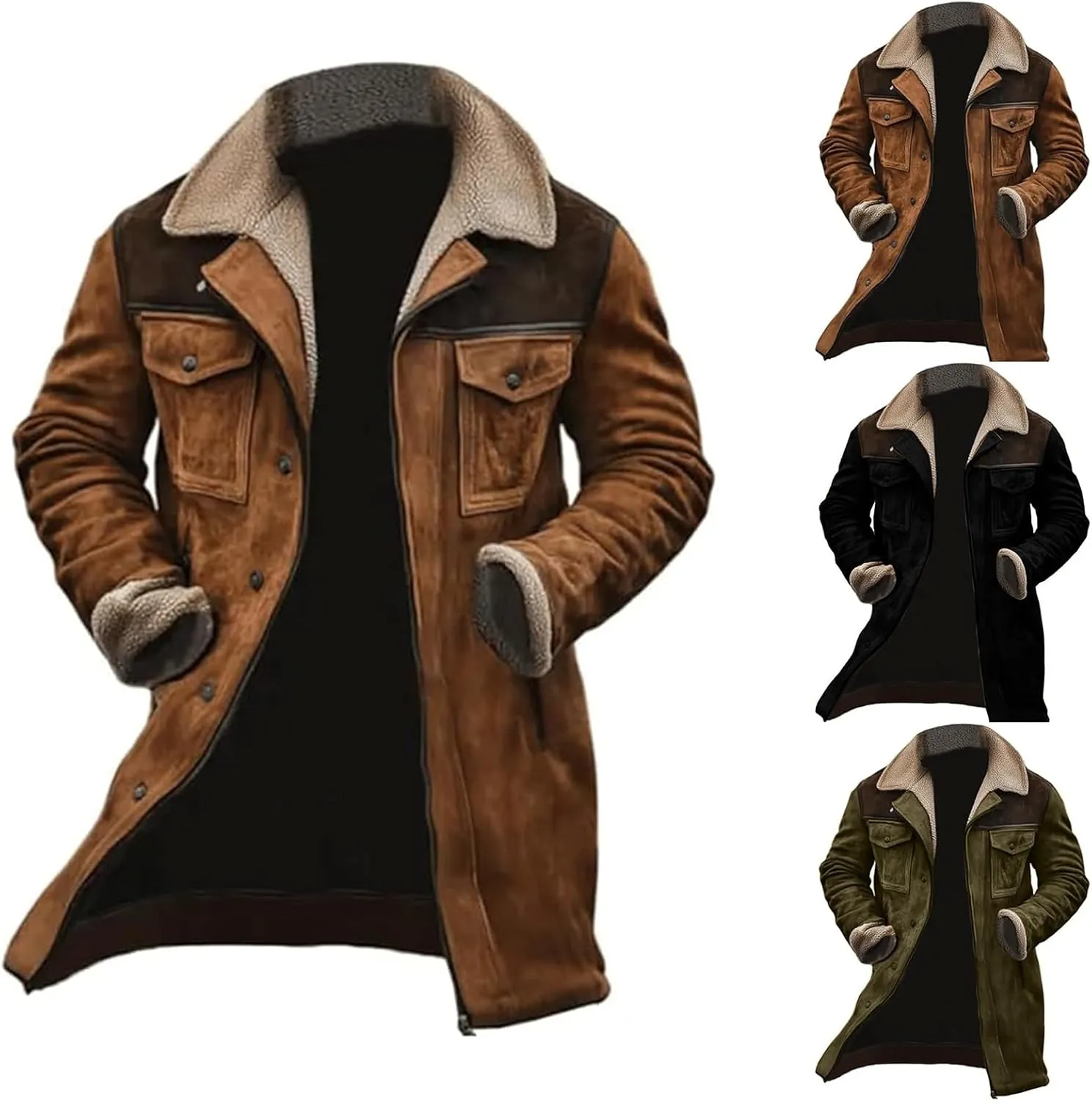 Men'S Vintage Suede Jacket Plush Collar Coats Faux Leather Jacket Men Zip Up Motorcycle Jacket Coats Retro Tops